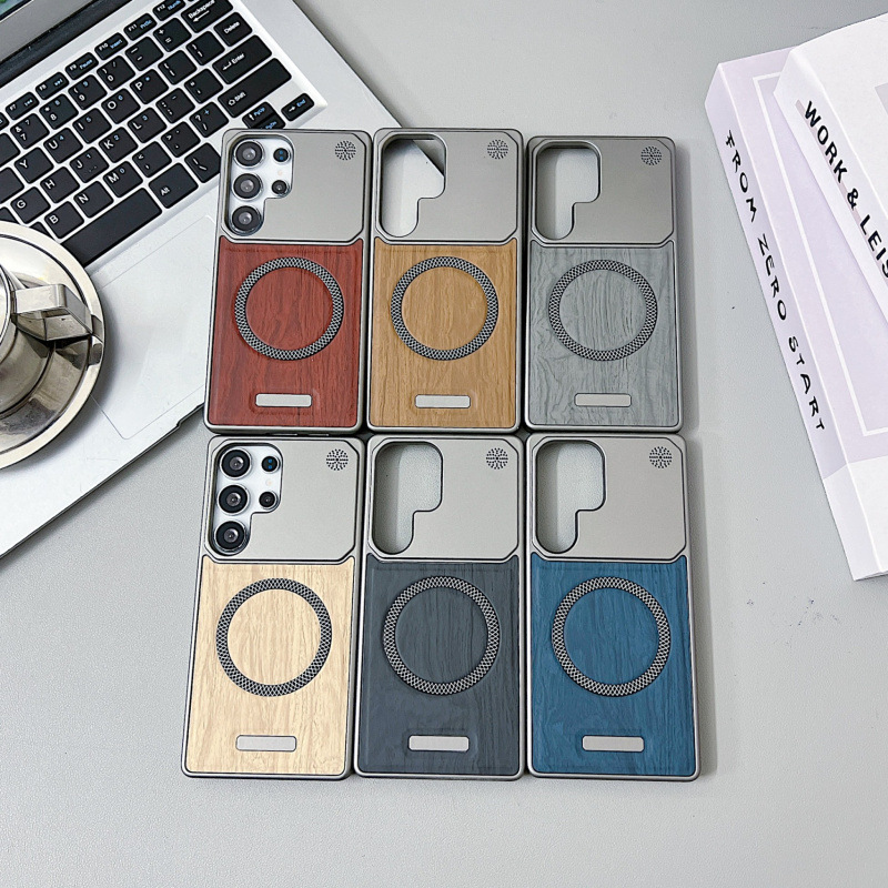 Suitable for Samsung S25Ultra Mobile Phone Case, Magnetic Wood Grain Two-In-One Half-Pack Anti-Fall S23U Protective Case S24U
