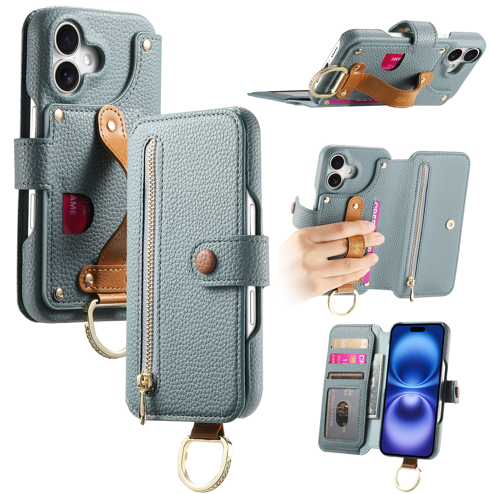 Litchi grain faux leather back adhesive flip phone leather case for Apple 18 phone case card slot iPhone18 shell
