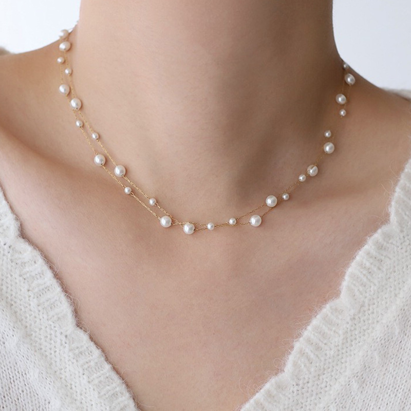 Rongshang Double-Layer Starry Sky Pearl Necklace Clavicle Chain Titanium Steel Pearl Necklace Accessory