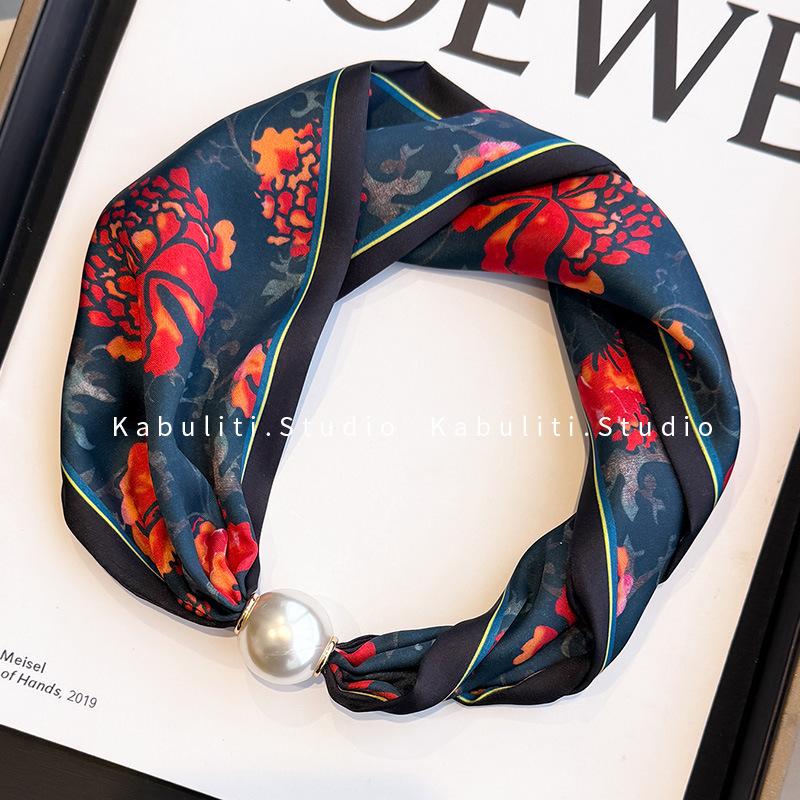 Magnetic buckle pearl necklace narrow small long strip silk scarf women neck protection mother matching shirt thin scarf