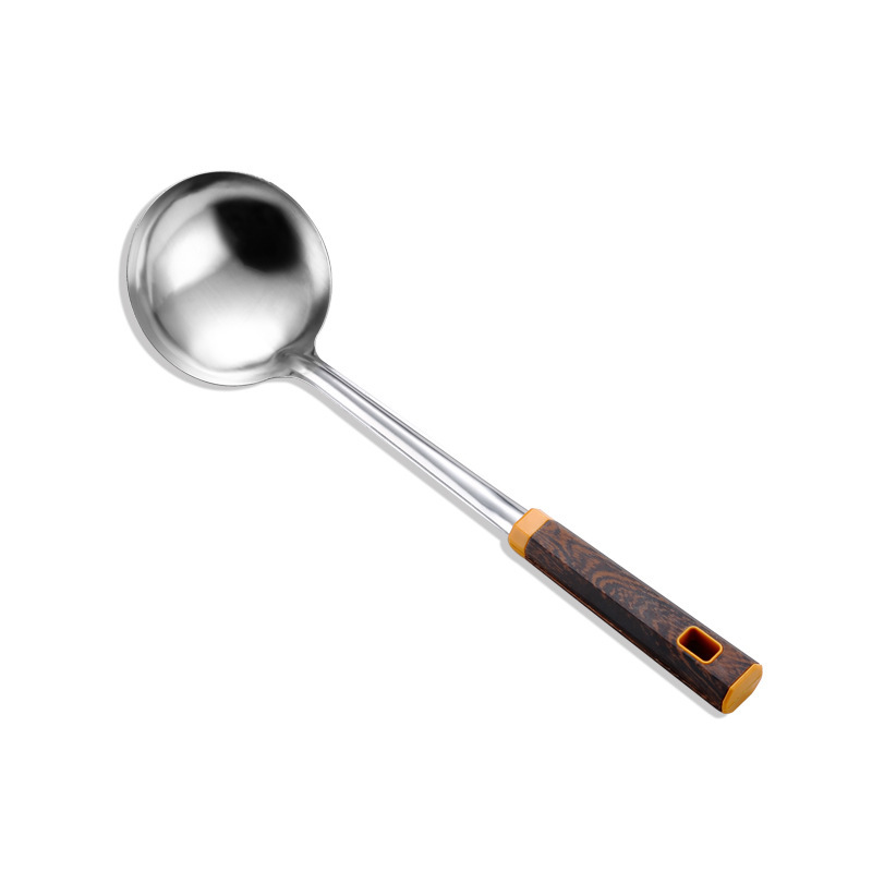 Stainless steel thickened wok spatula soup spoon home kitchen chef cooking anti-scald wok spatula wood grain handle set