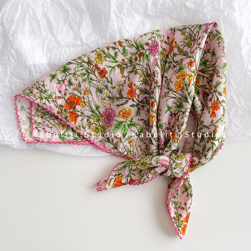58*58 cotton linen small square scarf, fresh floral neck protection small scarf for girls, hair band
