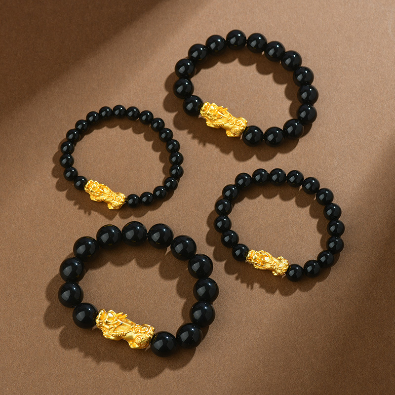 Natural Obsidian Sand Gold Pixiu Bracelet Money Beads Unisex Couple Bracelet Copper Plated Leather