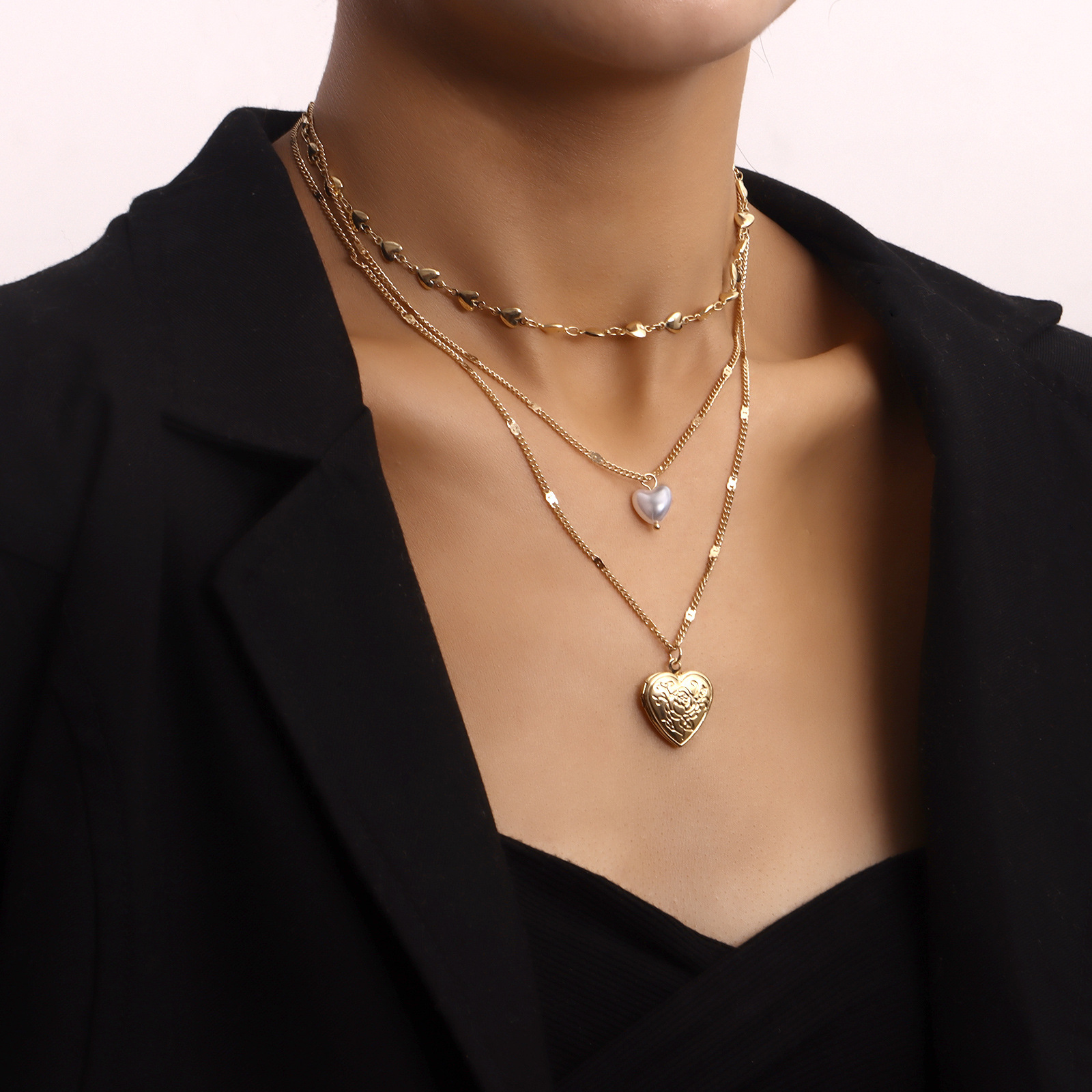 Accessories Multi-layer Love Chain Pearl Openable Heart Pendant Necklace for Women