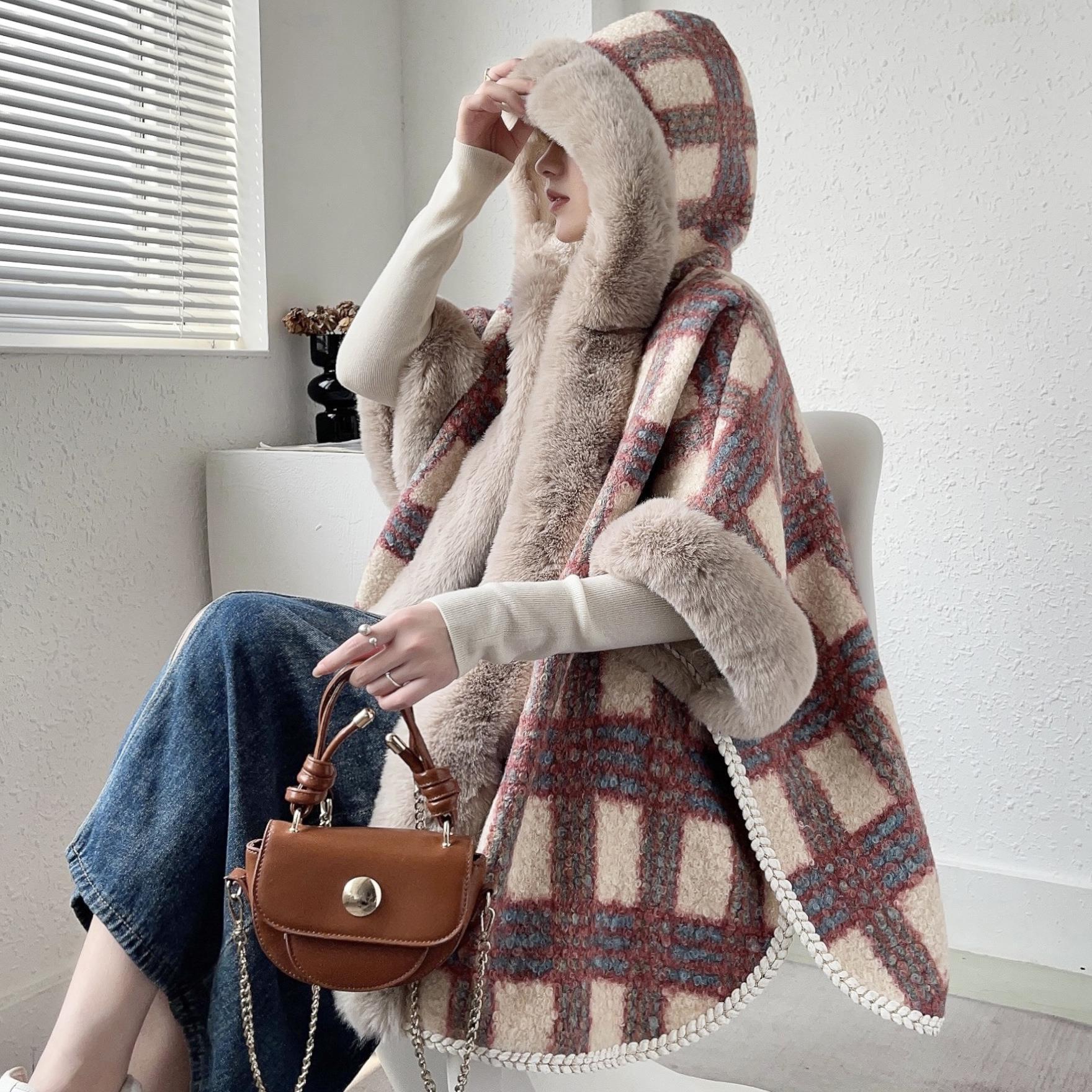 Live Loose Shawl Women 2023 Autumn Winter Cape Thickened Imitation Sheep Fur Collar Hooded Coat