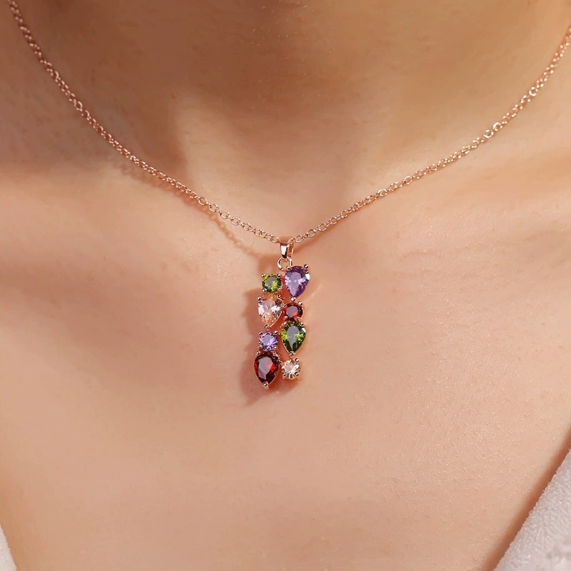 Rose gold colored gemstone zirconia necklace for women, collarbone chain pendant jewelry