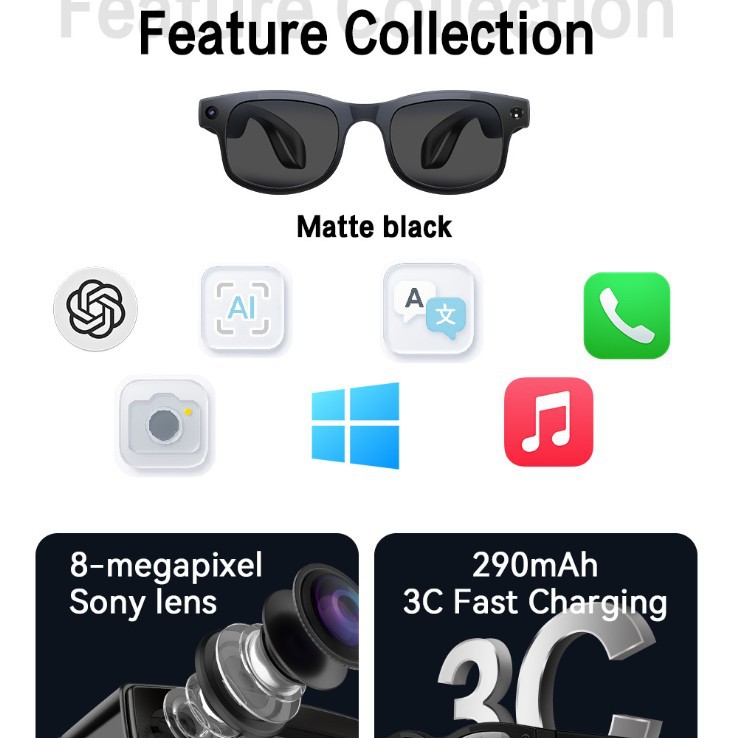 AIMB-G2pro Smart Glasses 1080p Anti-shake 8MP Video Call AI Translation Glasses Outdoor Sunglasses