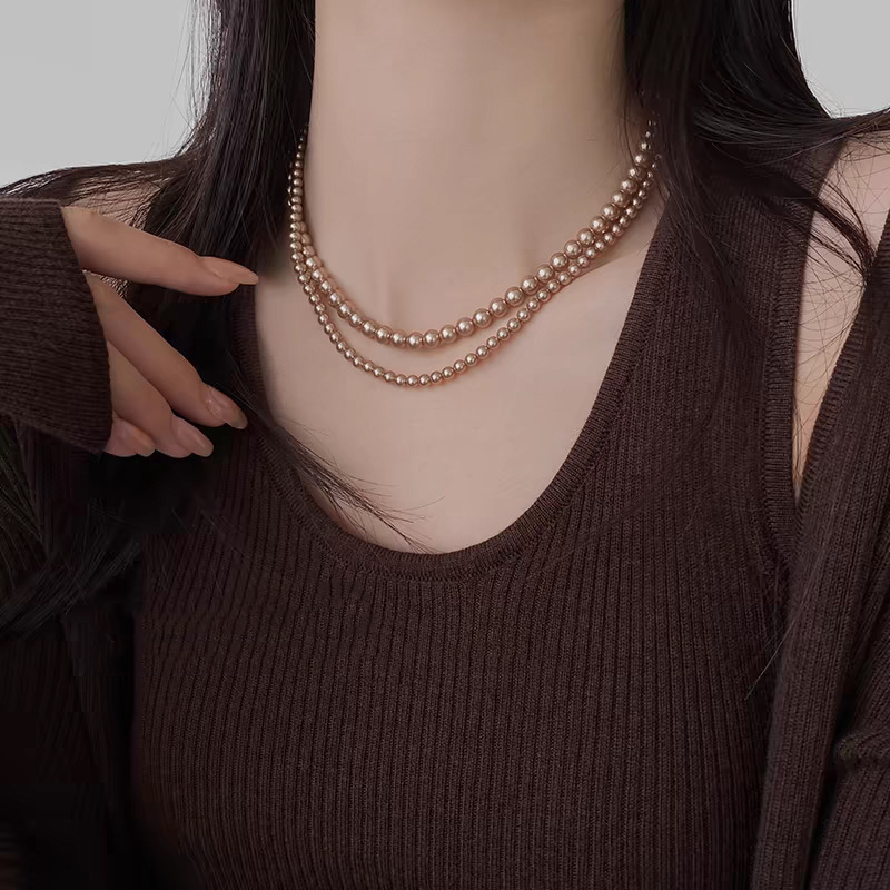 Swarovski Champagne Color Pearl Necklace for Women, Small Clavicle Chain, Sweater Chain, Neck Chain Elegant