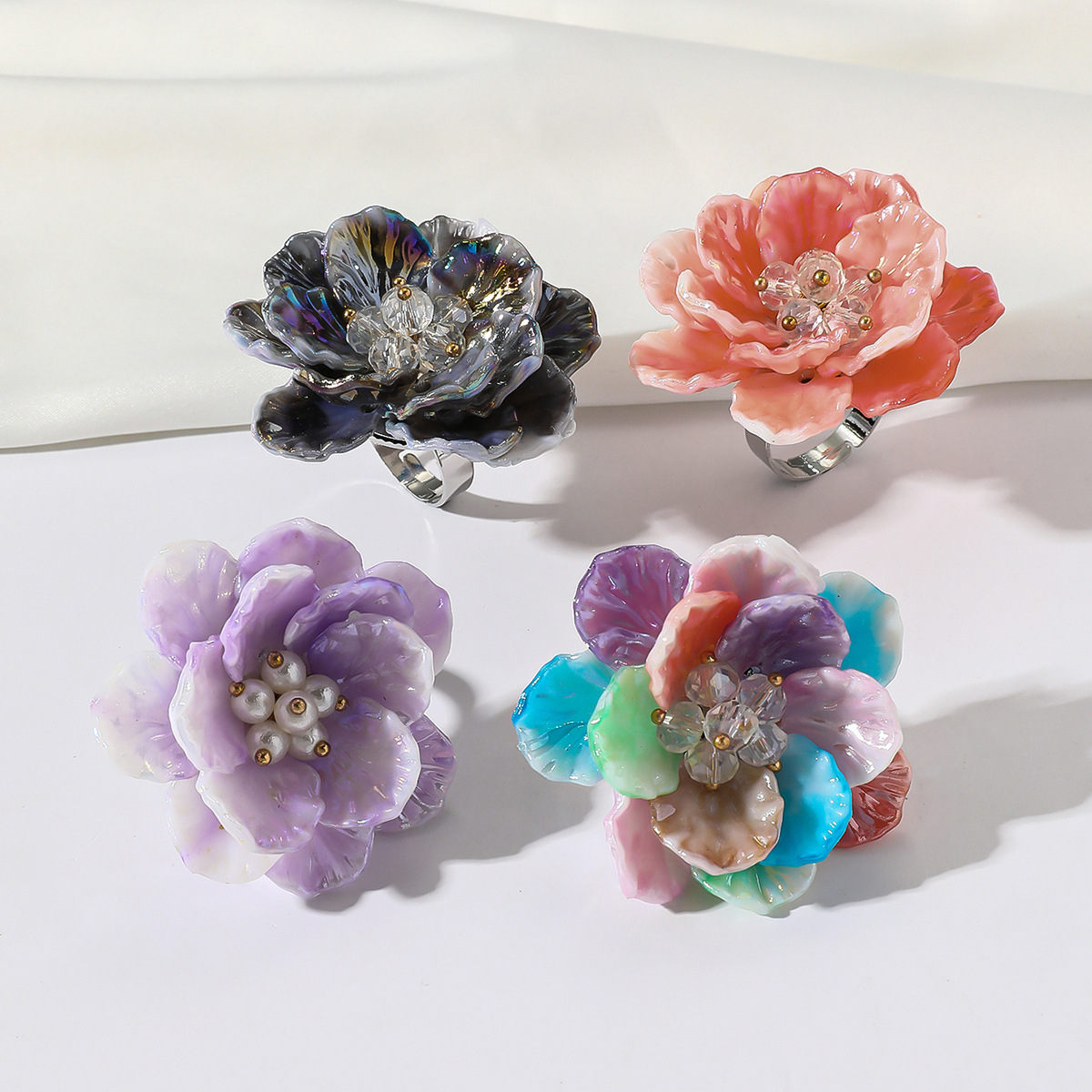 High-quality fresh and sweet colorful resin petal flower dopamine adjustable ring