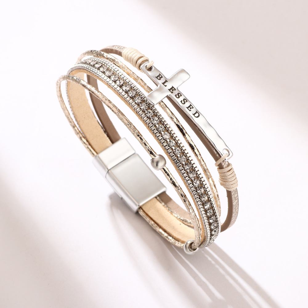 Bohemian Cross Bracelet with Micro Rhinestones Magnetic Buckle PU Leather Bracelet