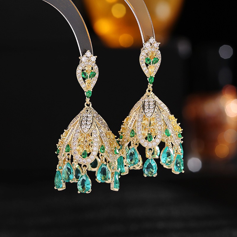 Micro-Inlaid Zircon Green Butterfly Tassel Heavy Craft Earrings s925 Silver Needle Dress Accessories