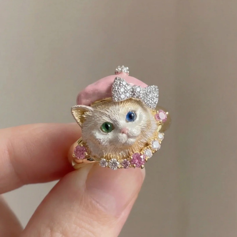 New Cute Cat Ring Women Rhinestone Pink Beret Niche Finger Ring Accessories