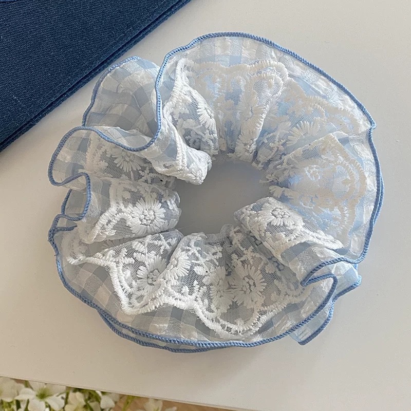 63#浅蓝格纹微透蕾丝4层大肠发圈