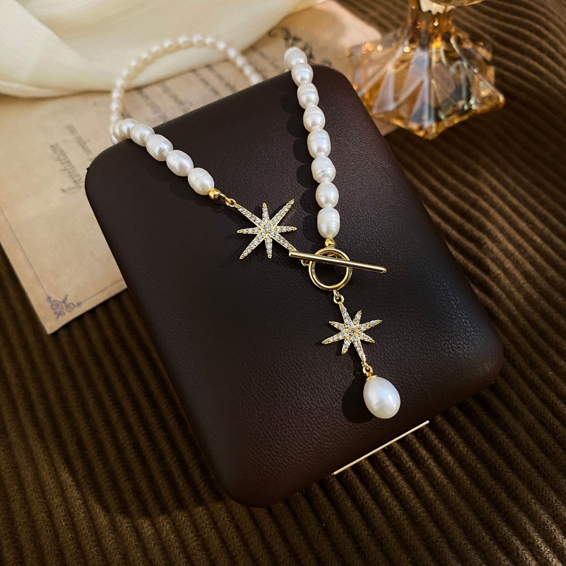 5-6mm natural freshwater pearl necklace with eight-pointed star OT clasp pendant necklace, exquisite sweater chain, collarbone chain