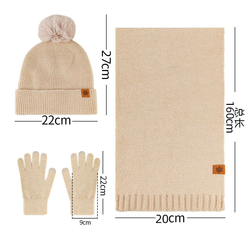 Knitted Hat Scarf Gloves Three-Piece Set Winter Outdoor Fleece-Lined Warm Earflap Beanie Wool Knit Hat
