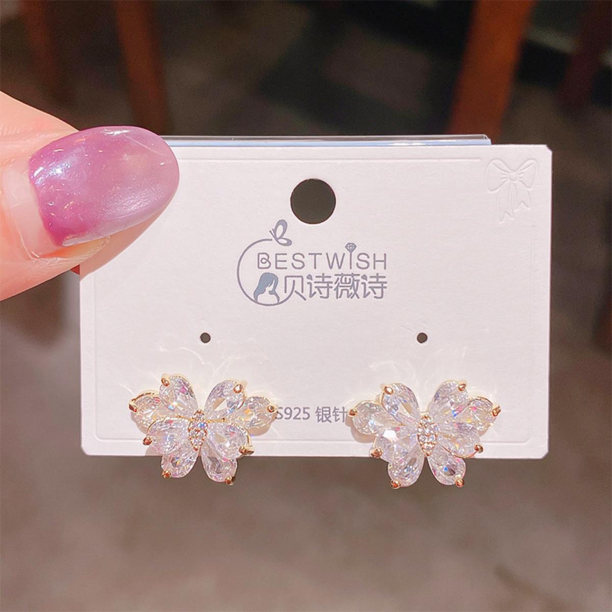 2025 exquisite gold-plated simple super flash zircon earrings, women's fairy butterfly flower ear accessories