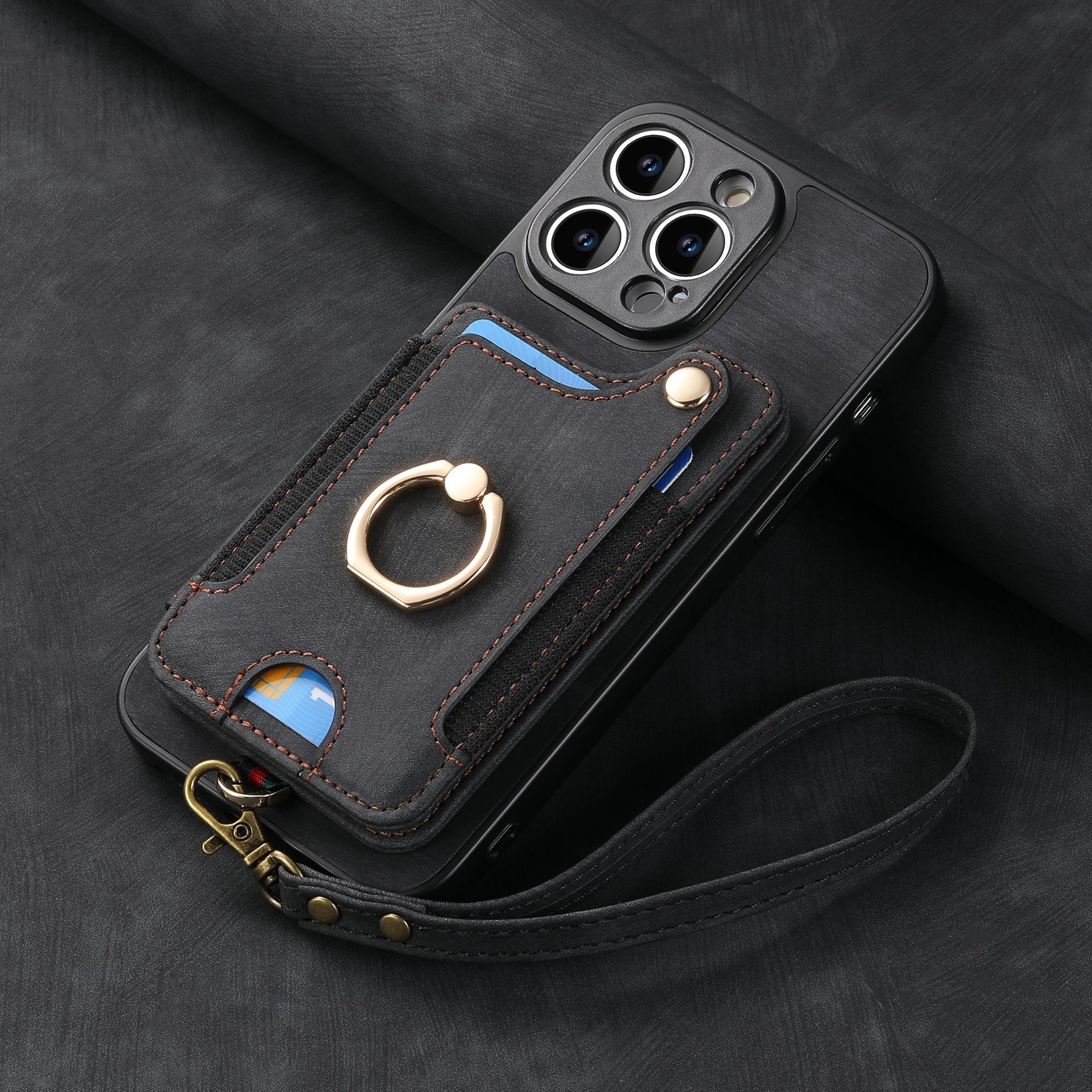For iPhone18 phone leather case RFID anti-skimming ring buckle lanyard multifunctional card holder Apple phone