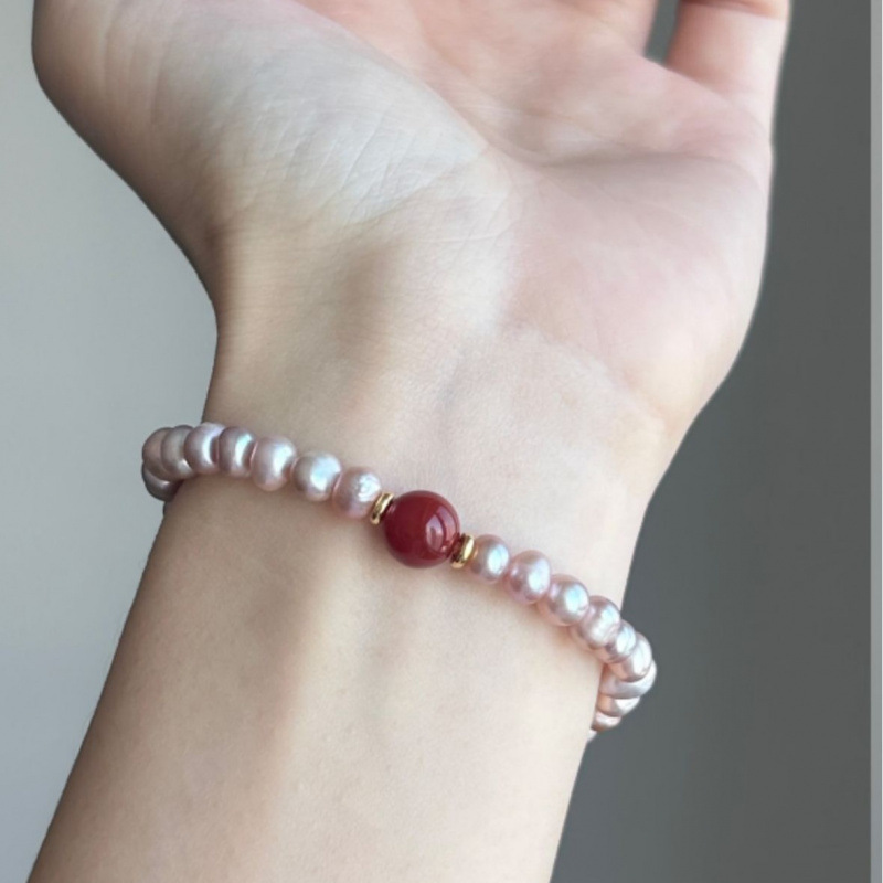 Natural freshwater pearl cinnabar bead bracelet women's purple gold sand whitening layered bracelet