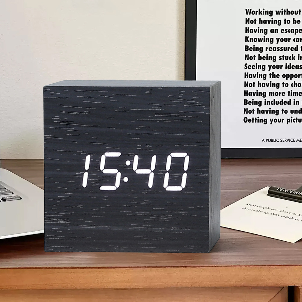 LED Wooden Clock Electronic Clock Wooden Digital Clock Voice Control Thermometer Electronic Alarm Clock