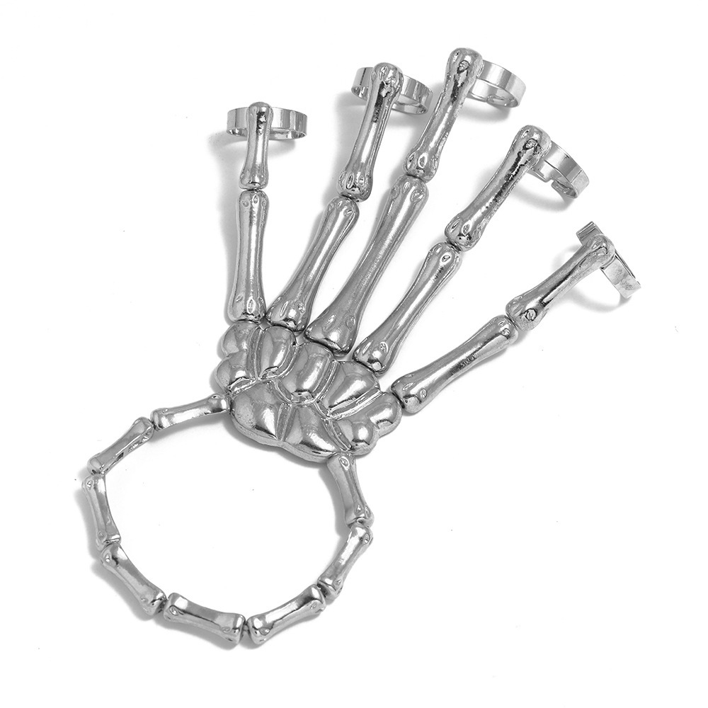 New Hand Accessory Punk Skull Hand Bone Five-Finger Ring Bracelet Adjustable Chain