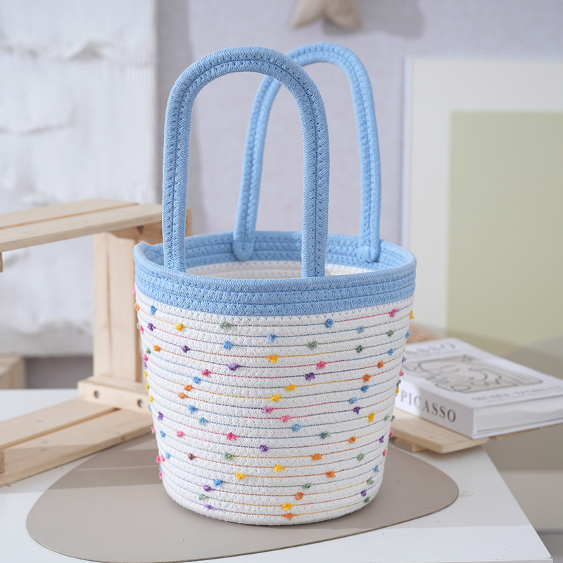 Dopamine Colorful Polka Dot Cotton Rope Woven Hand Basket Large Capacity Handheld Gift Woven Bag Picnic Storage Basket