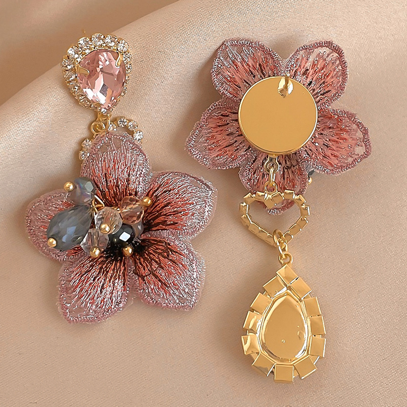 Silver Needle Asymmetric Crystal Fabric Flower Drop Earrings Elegant Earrings for Women