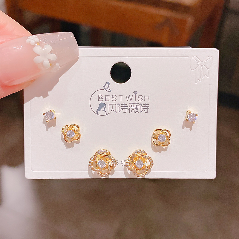 Wind real gold electroplated copper-set zircon 6 pieces three pairs of small earrings collection, earring accessories