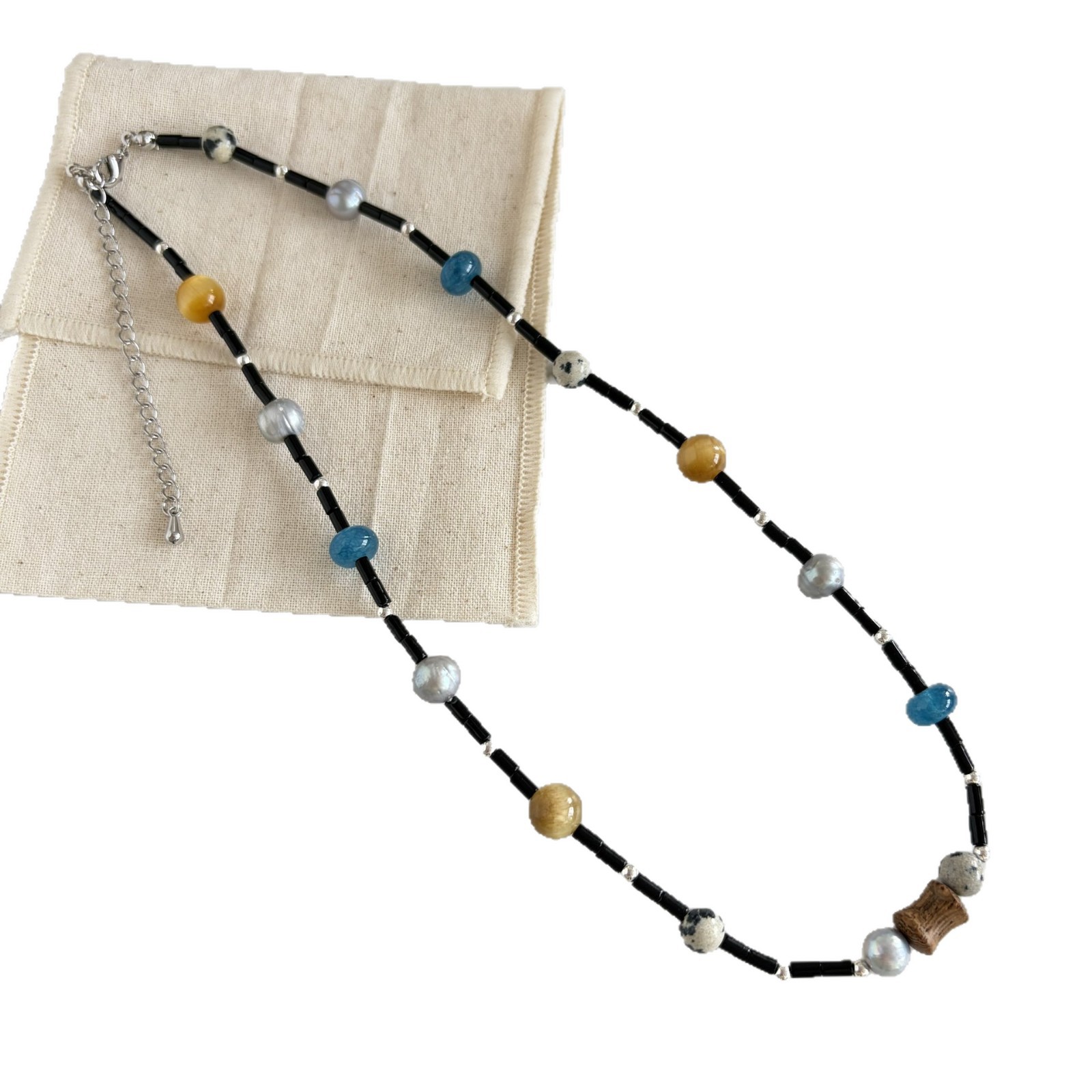 Natural Agate Pearl Speckled Stone Silver Blue Gray Asteroid Simple Beaded Necklace for Women