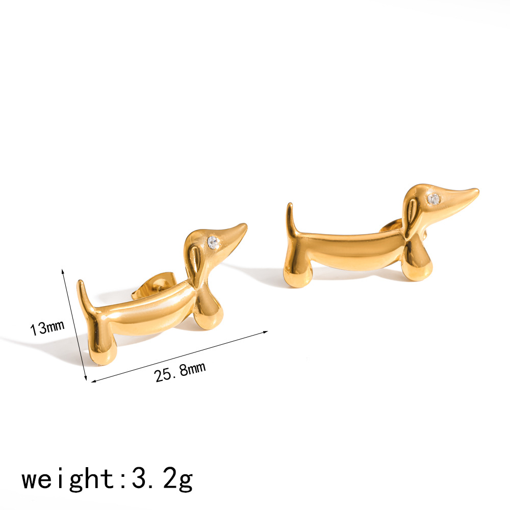 Cute 18k gold puppy dachshund stainless steel ring necklace jewelry set ear jewelry accessories