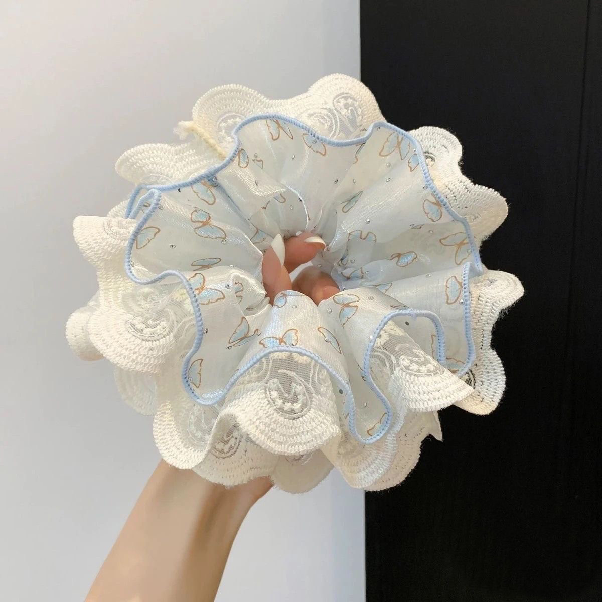 Blue butterfly lace double layer large hair scrunchie for women ponytail bun hair tie head accessory head flower