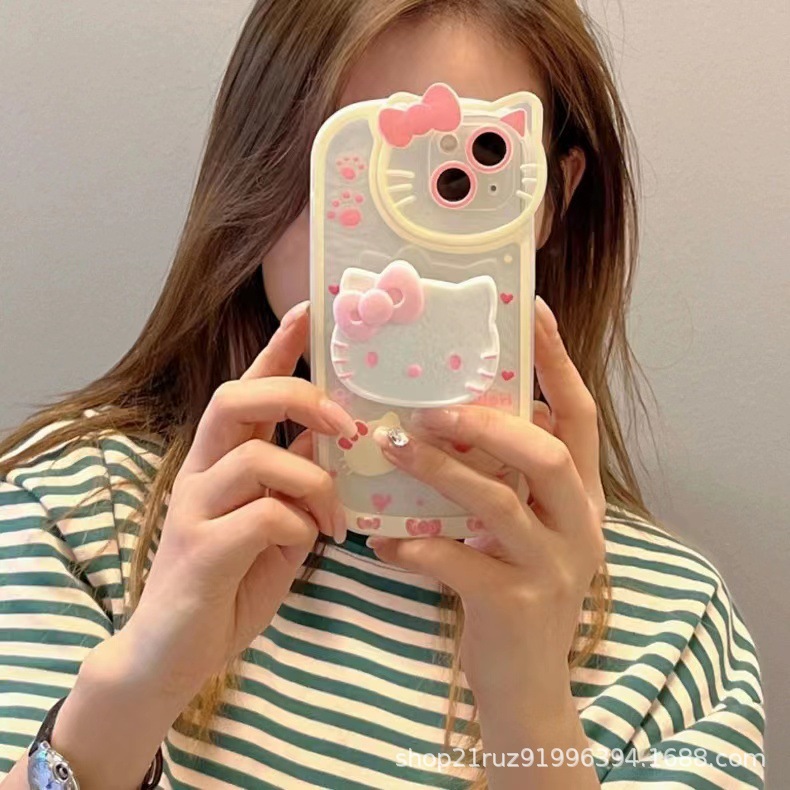 KT cat with stand 17 phone case iPhone 13 cartoon soft case Apple 12 phone 15 Pro protective case 16