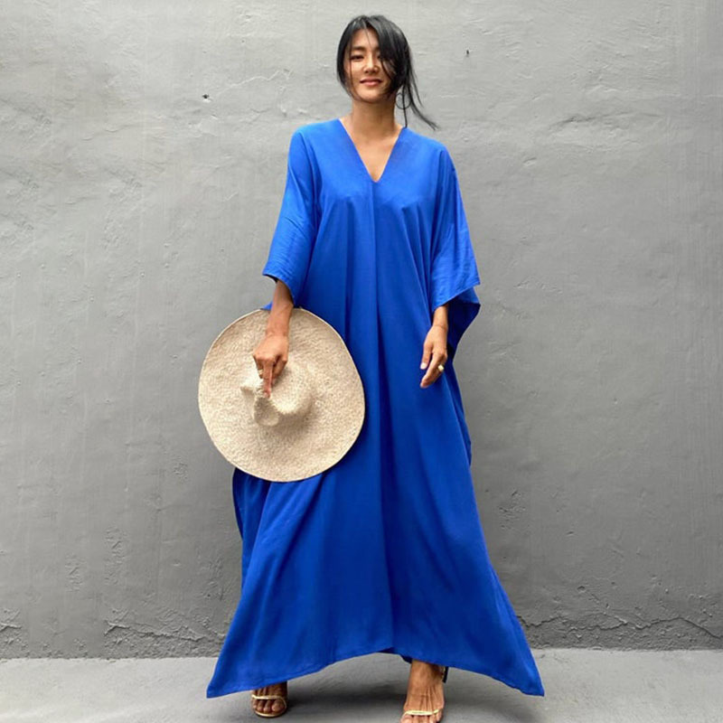 New Rayon Solid Color Cover Up Seaside Vacation Long Dress Loose Cover Up Bikini Swimsuit Long Dress Outer Women