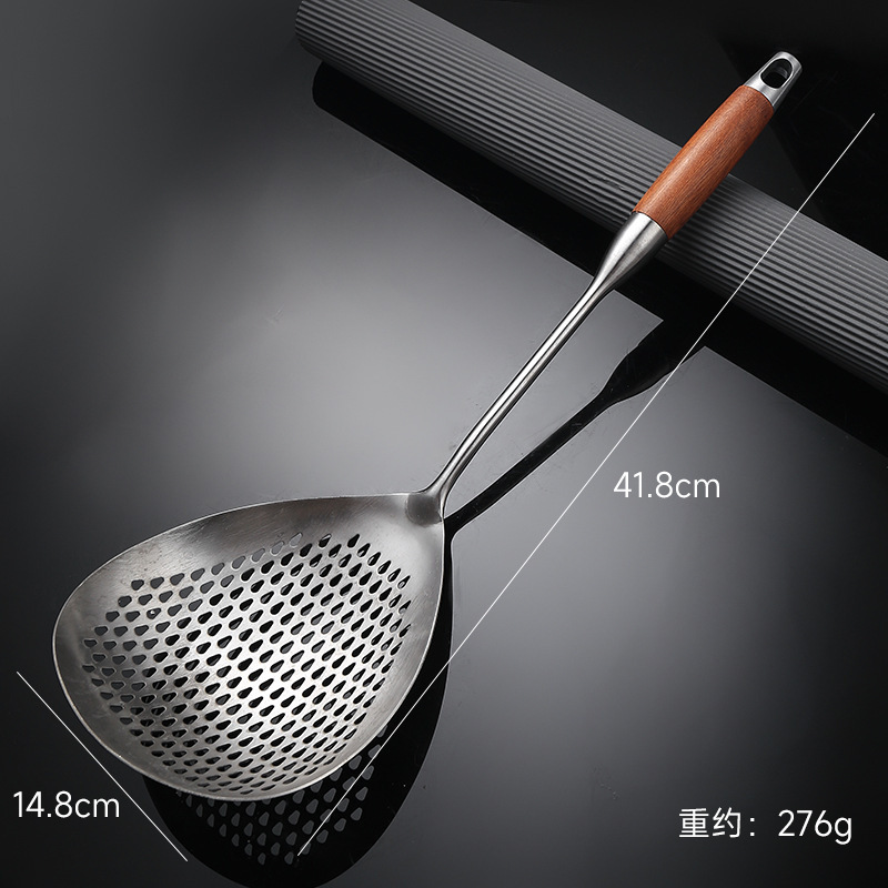304 stainless steel large strainer for kitchen, noodle and dumpling scoop, wooden handle, pepper scoop, deep-fried, thickened long handle deep-fried large