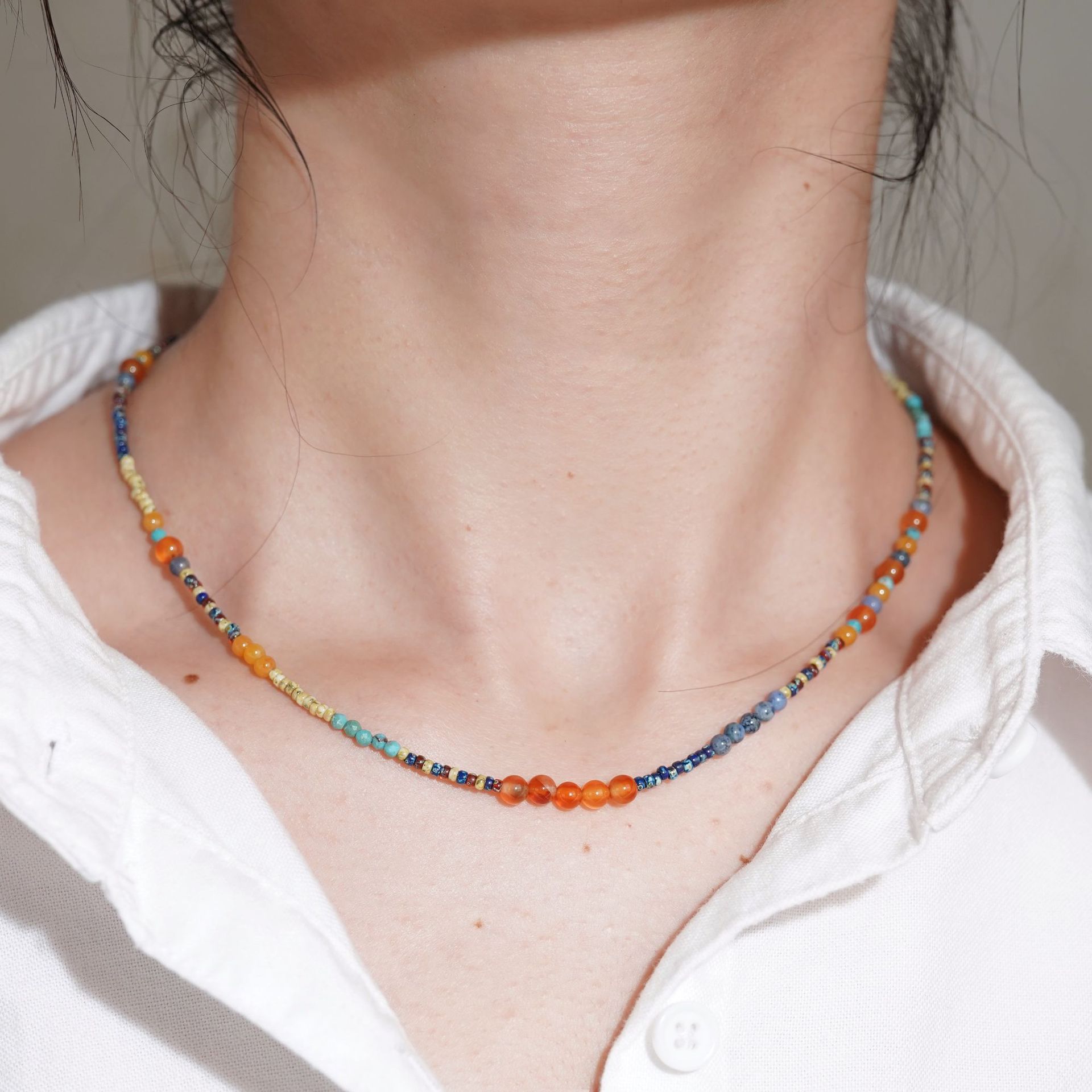 Autumn Dwelling in the Mountains natural stone topaz turquoise necklace for women, ethnic travel vacation style collarbone chain