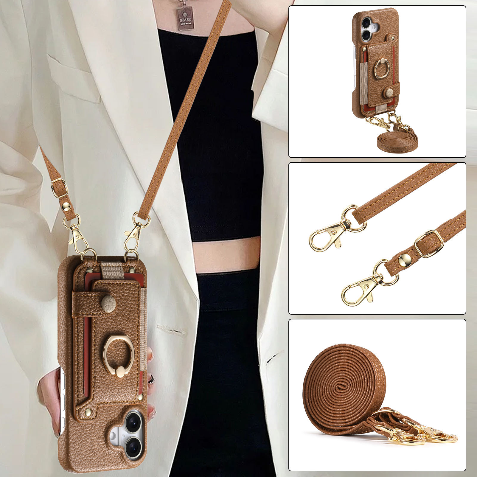 For Apple 18 crossbody phone case long lanyard card slot storage iPhone18 phone leather case 12 anti-drop case 11