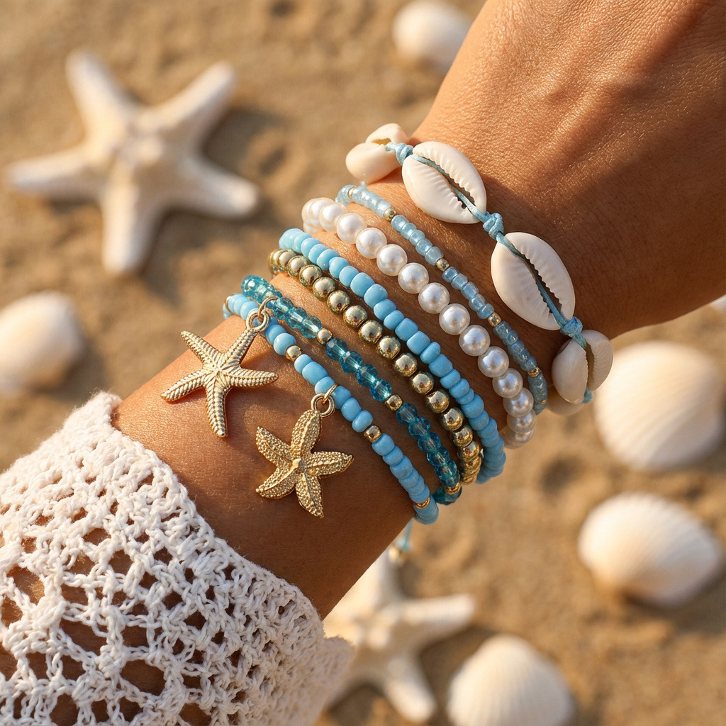 Bohemian Shell Set Bracelet Pendant Niche Women Seed Bead Multi-layer Elastic Bracelet