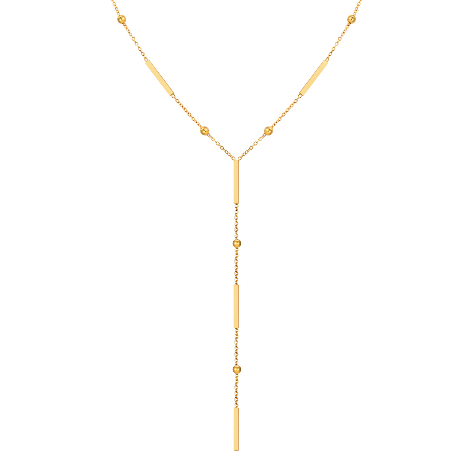 Huanmu Stainless Steel Women's Square Bar Spacer Collarbone Chain Y-Shape Tassel Necklace Gold Sweater Chain Summer