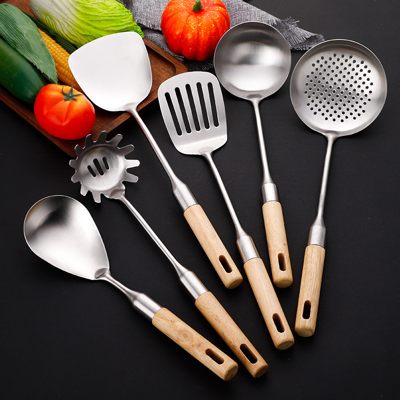 304 stainless steel kitchenware set, solid wood handle, home cooking spatula, soup spoon, slotted spoon, kitchen supplies, hotel