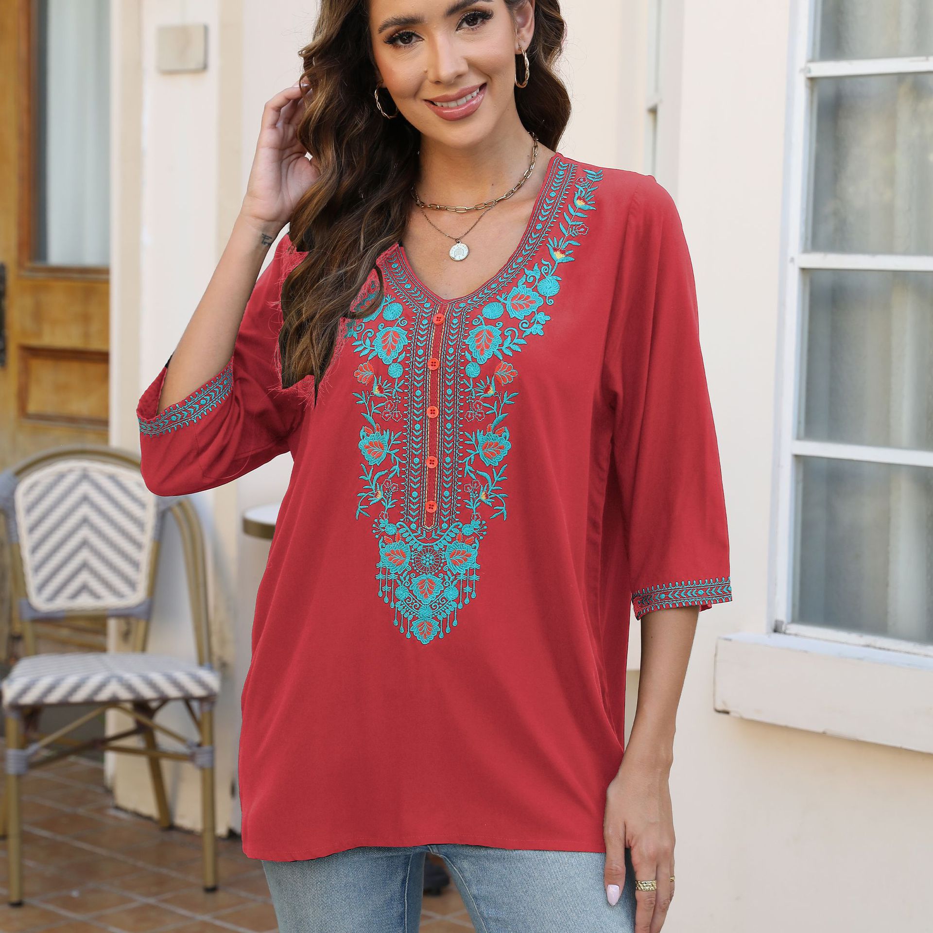 2026 summer new loose thin embroidered flower V-neck five-point sleeve T-shirt women's clothing shirt top 707