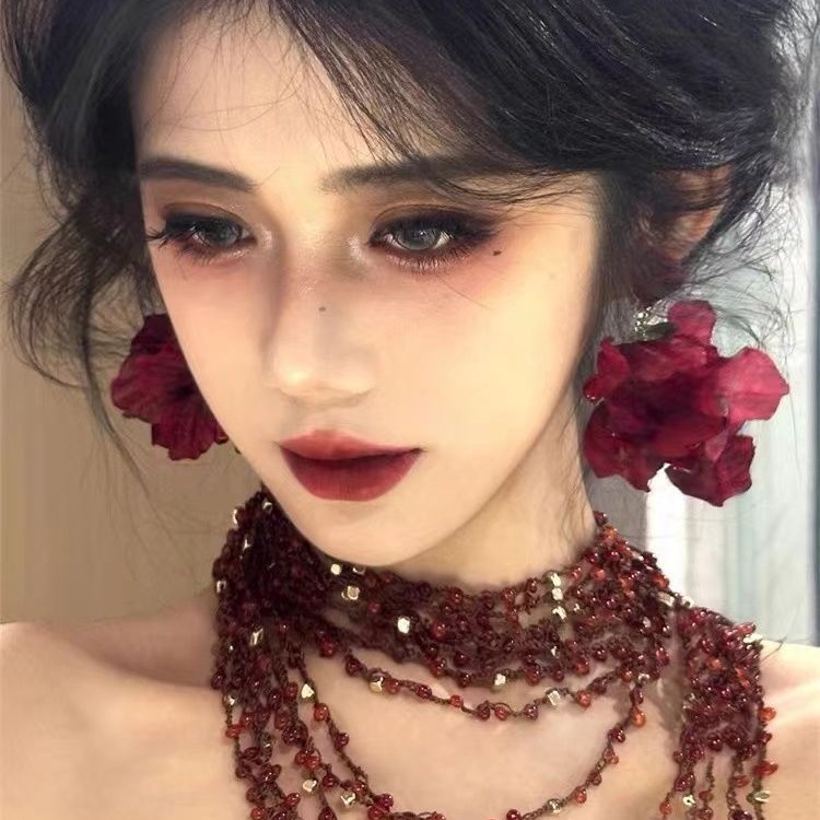 Burning Rose exaggerated wine red tassel earrings earrings flower ear studs