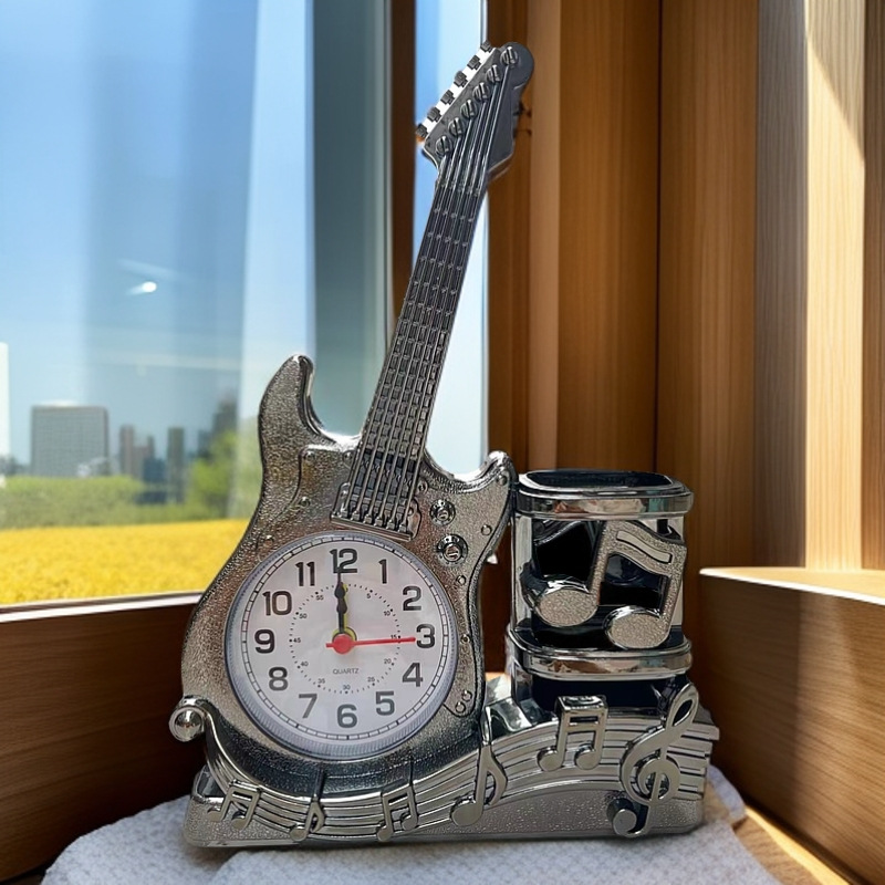 Guitar Alarm Clock with Pen Holder Desktop Ornament Clock Pen Socket Clock Student Gift Birthday Gift Creative