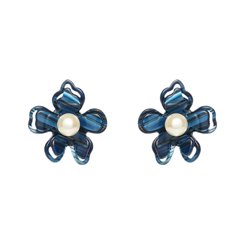 Le niche fresh and sweet dark blue pearl flower ear studs