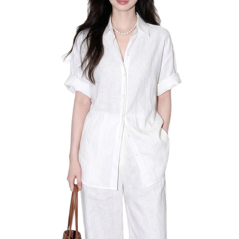 Old Money Style Cotton-Linen Suit Casual Women's Minimalist Linen White Short-Sleeve Shirt