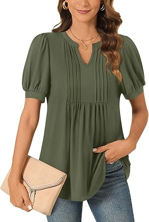 2026 Women's V-Neck Bubble Short Sleeve Pleated T-Shirt Women's Casual Top