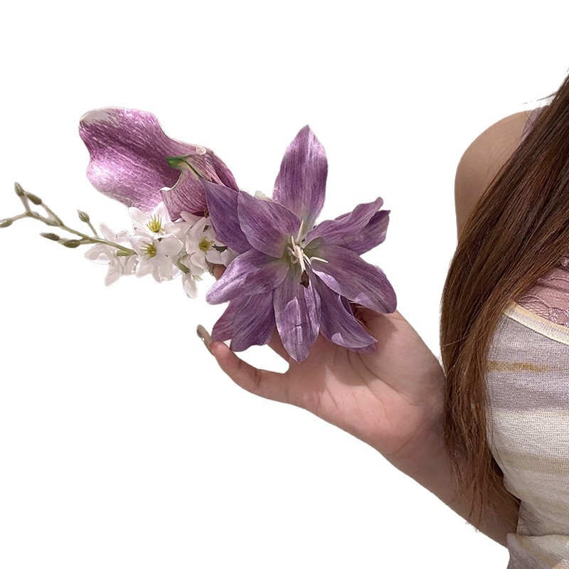 New Chinese style lily flower hair clip for women super fairy bangs duckbill clip ancient style cheongsam accessory head flower hair accessory