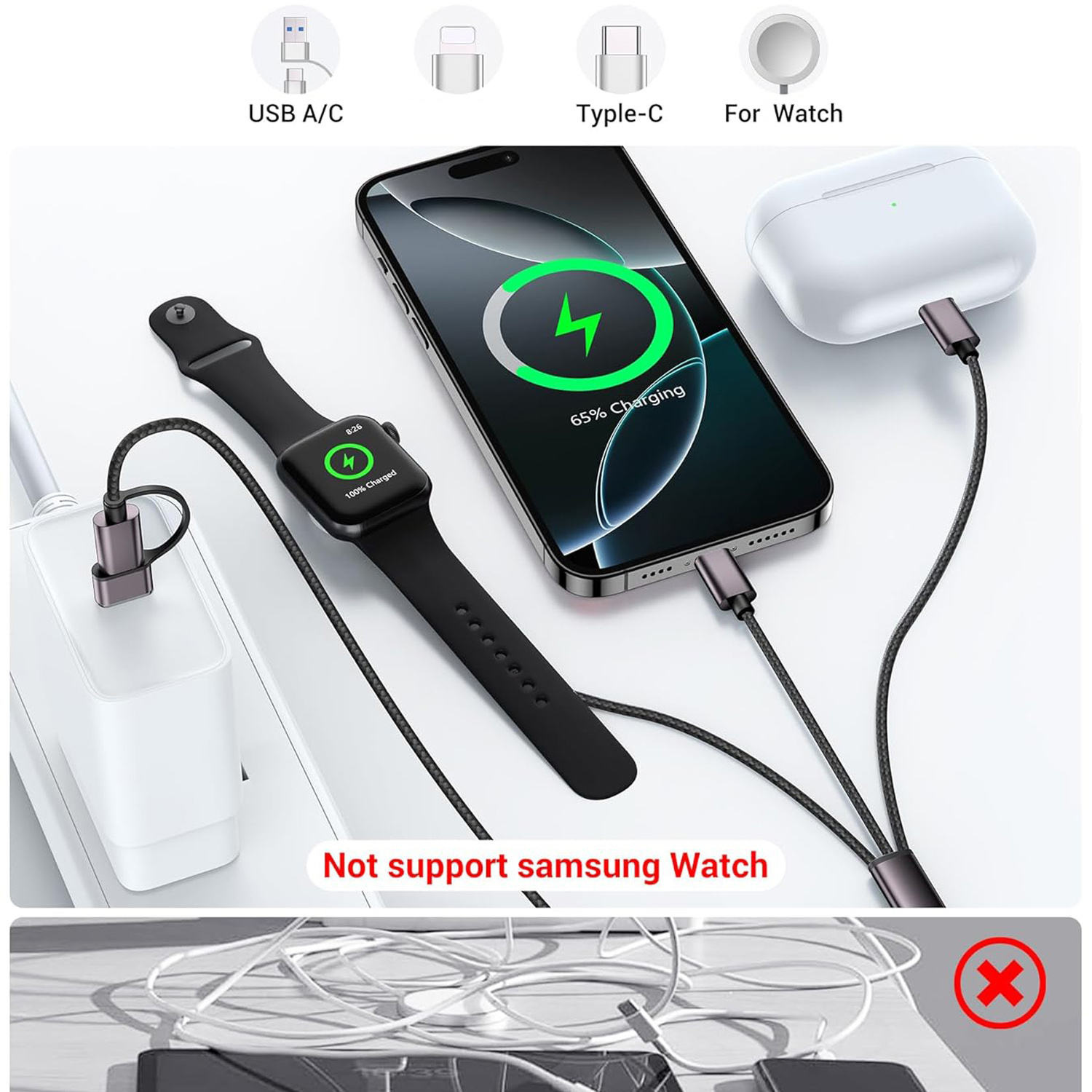 Compatible with Apple Watch 2-in-1 3-in-1 wireless charger iwatch multifunctional USB+TYPEC magnetic charging cable