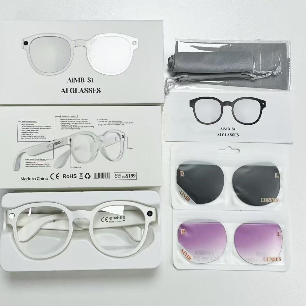 AIMB-S1 shooting glasses AI smart translation anti-shake 500W HD replaceable myopia lenses for taking photos