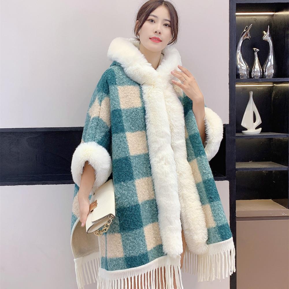 Live Autumn Winter New Plaid Tassel Fleece Lined Thickened Hooded Cape Shawl Fur Collar Warm Coat
