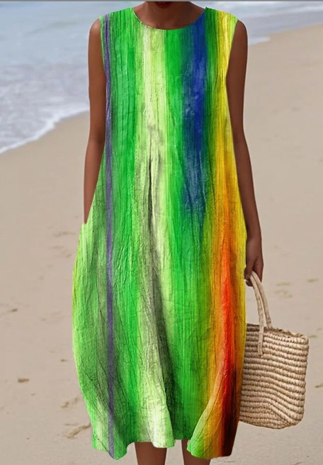 2026 New Sleeveless Printed Dress Beach Vacation Loose Mid Length Round Neck Dress Seaside Vacation Dress