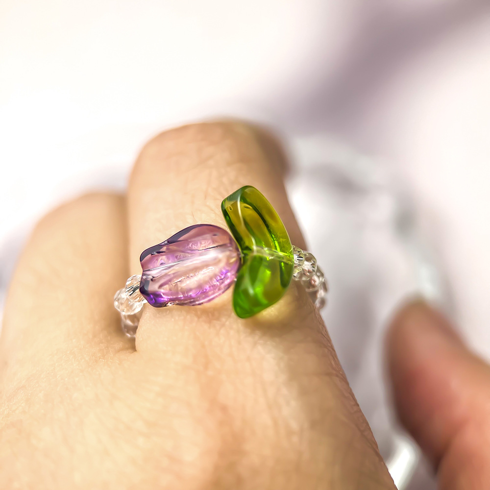 Glass Flower Tulip Stretch Ring, Minimalist Band, Hyuna Feng Shui Crystal Jewelry
